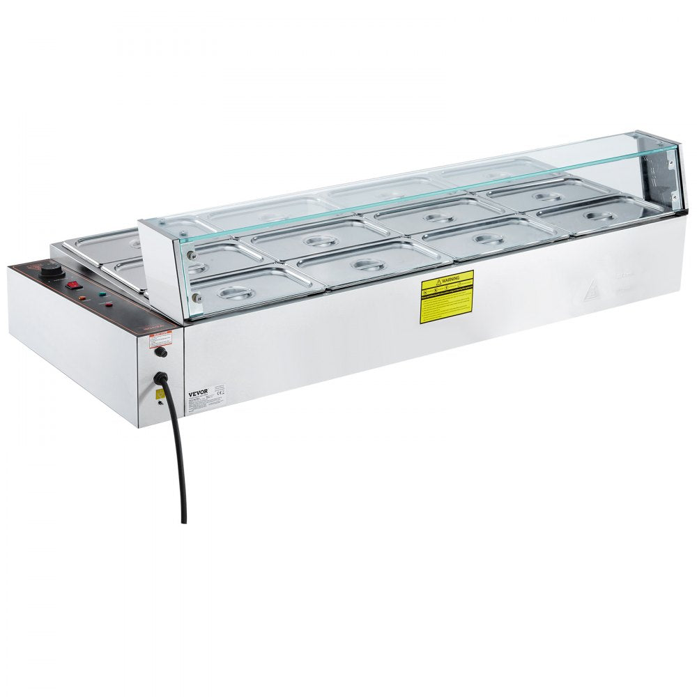 VEVOR Commercial Electric Food Warmer Countertop Buffet 12*5Qt with Glass Shield