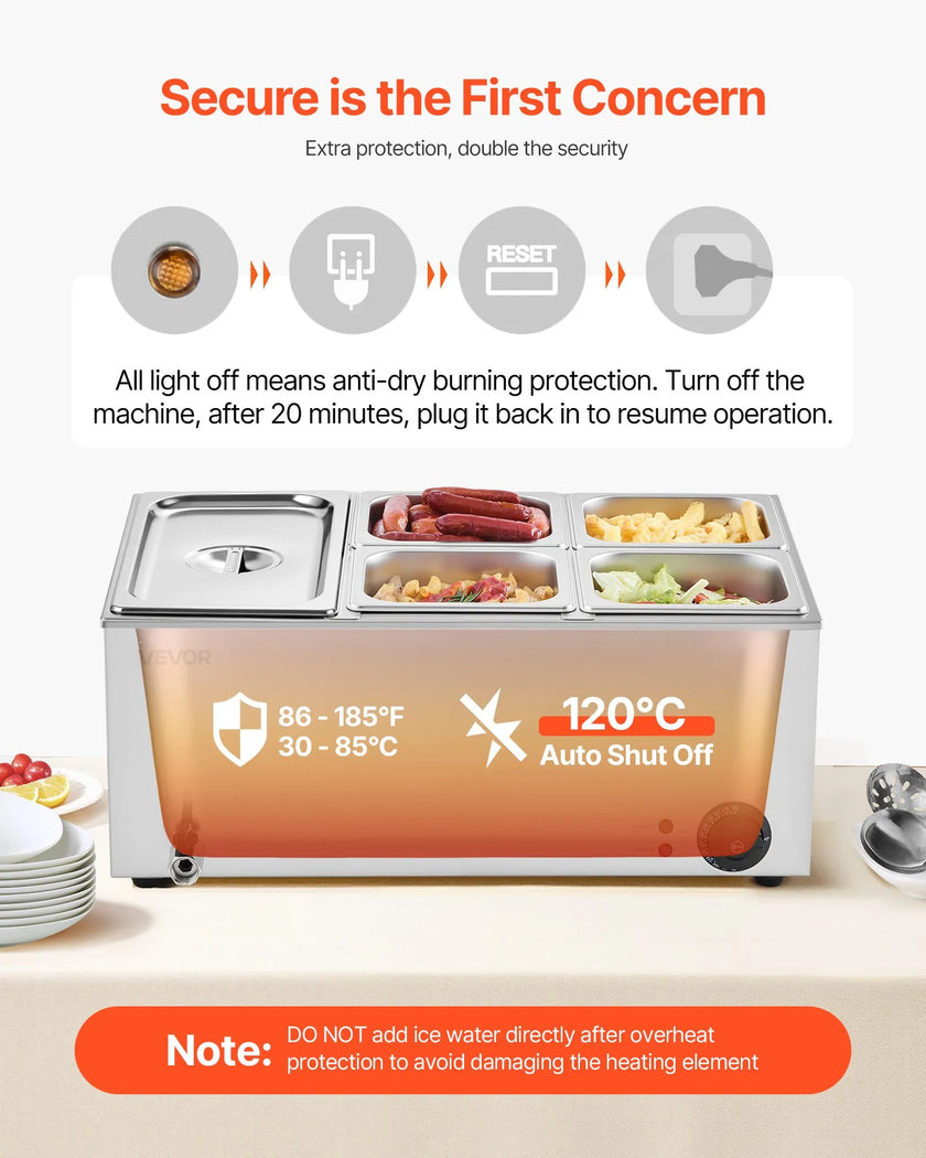 VEVOR Commercial Electric Food Warmer 5-Pan Countertop Buffet 15.3QT Bain Marie