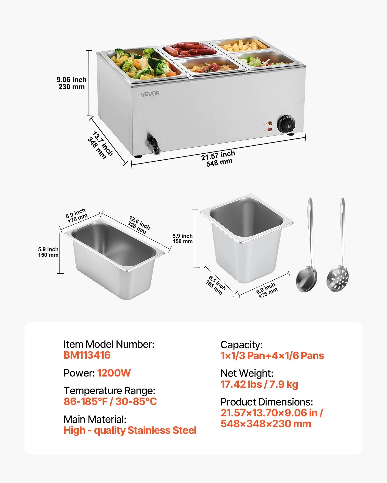 VEVOR Commercial Electric Food Warmer 5-Pan Countertop Buffet 15.3QT Bain Marie
