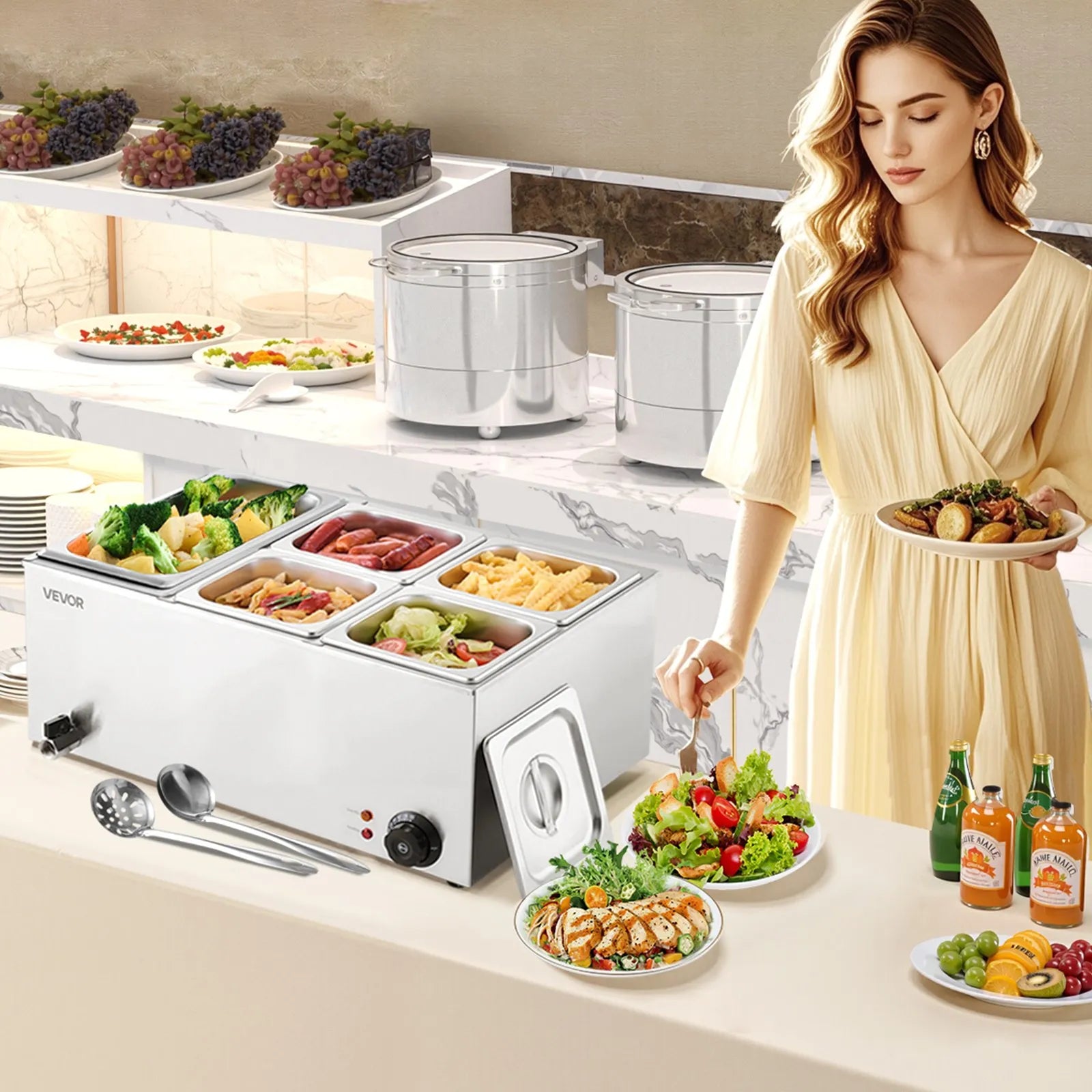 VEVOR Commercial Electric Food Warmer 5-Pan Countertop Buffet 15.3QT Bain Marie