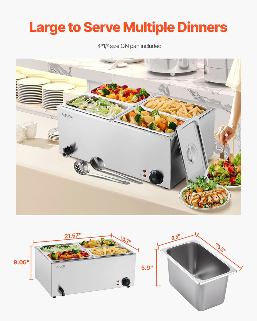 VEVOR Commercial Electric Food Warmer 4-Pan Countertop Buffet 15.9QT Bain Marie
