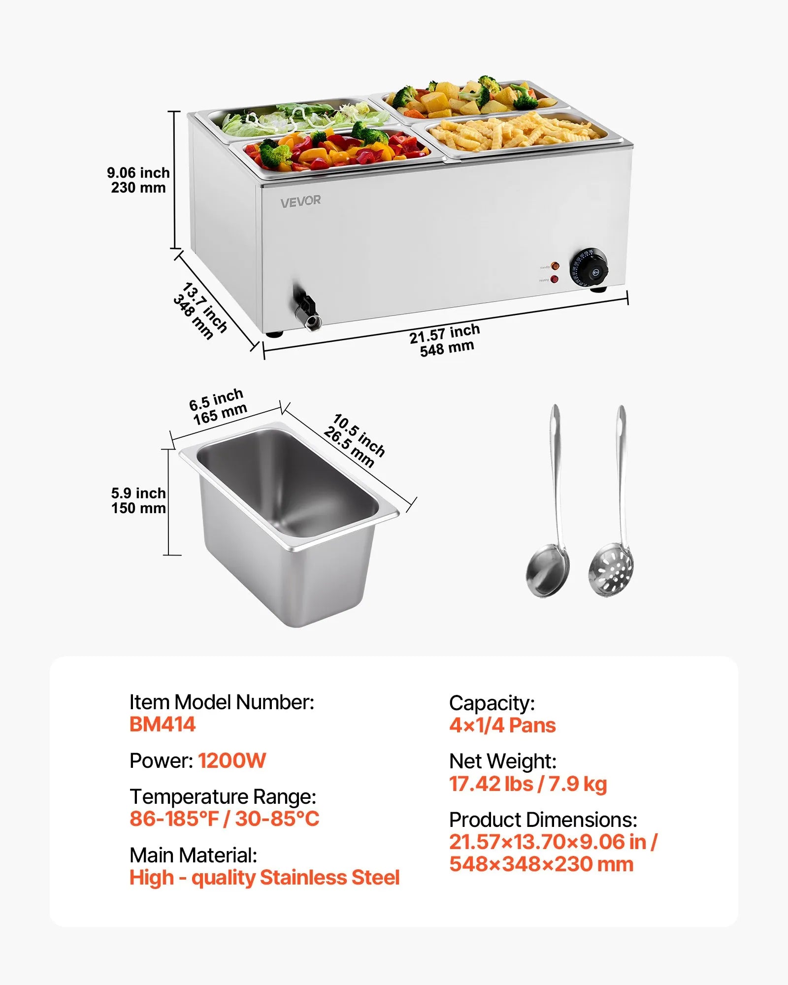 VEVOR Commercial Electric Food Warmer 4-Pan Countertop Buffet 15.9QT Bain Marie