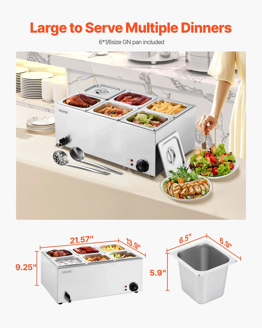 VEVOR Commercial Electric Food Warmer 6-Pan Countertop Buffet 14.3QT Bain Marie