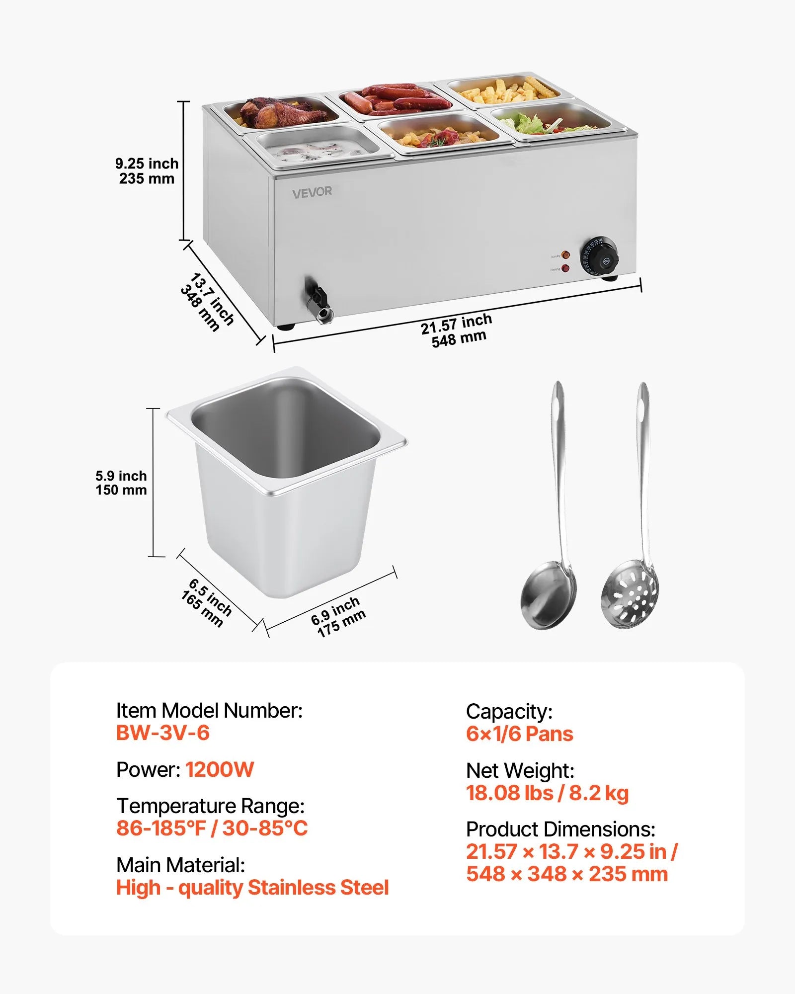 VEVOR Commercial Electric Food Warmer 6-Pan Countertop Buffet 14.3QT Bain Marie
