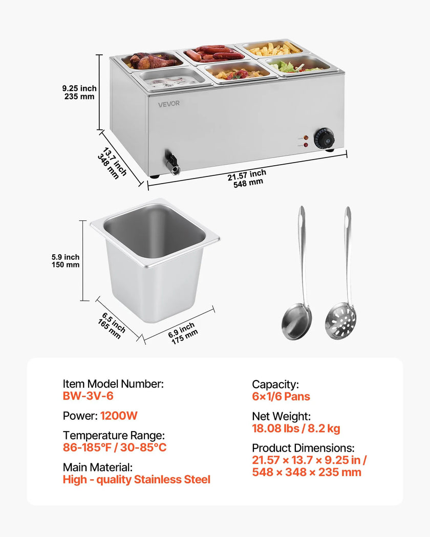 VEVOR Commercial Electric Food Warmer 6-Pan Countertop Buffet 14.3QT Bain Marie