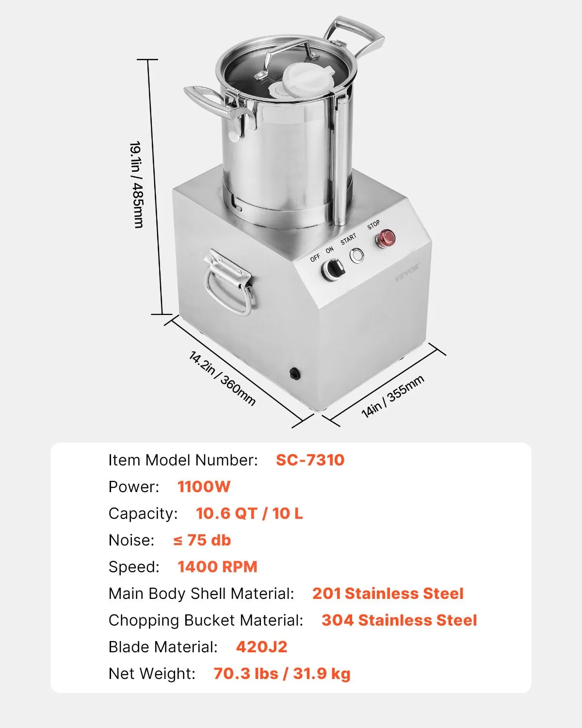 VEVOR Food Processor Vegetable Chopper 10.6Qt Food-Grade Stainless Steel Blender