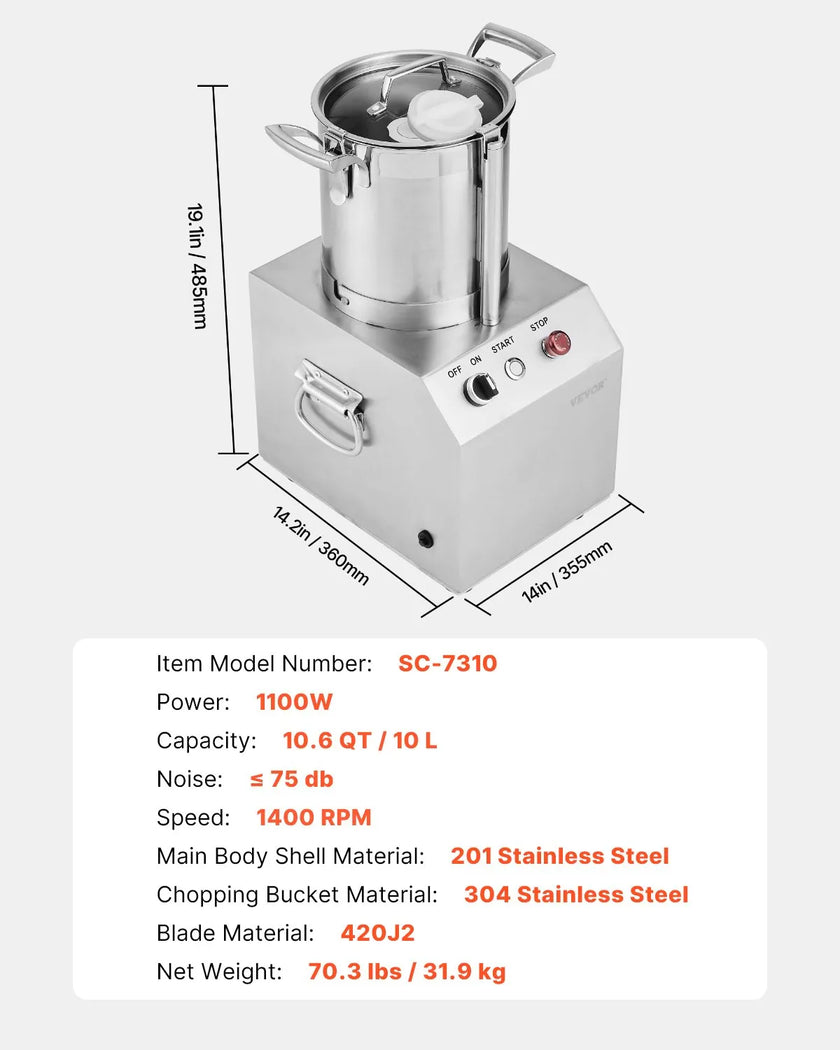 VEVOR Food Processor Vegetable Chopper 10.6Qt Food-Grade Stainless Steel Blender