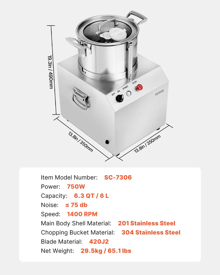 VEVOR Food Processor Vegetable Chopper 6.3Qt Food-Grade Stainless Steel Blender