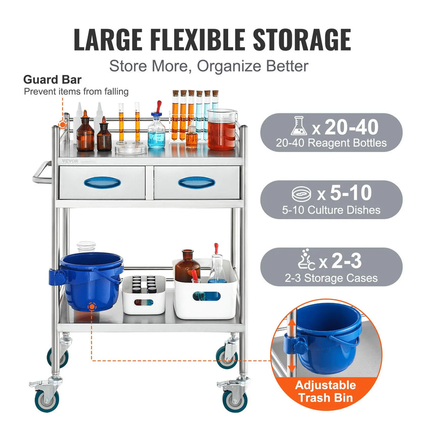 VEVOR Lab Serving Cart, 2 Layers Stainless Steel Utility Rolling Cart, Medical Cart with Two Drawers, Dental Utility Cart with Lockable Wheels and A Bucket, for Laboratory, Hospital, Dental Use
