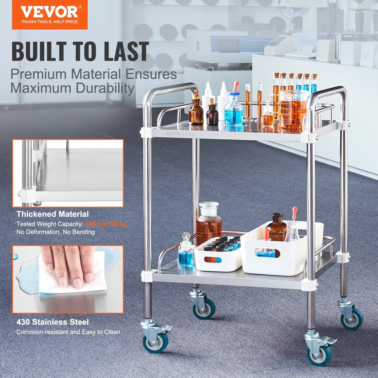 VEVOR Lab Rolling Cart, 2-Shelf Stainless Steel Rolling Cart, Lab Serving Cart with Swivel Casters, Dental Utility Cart for Clinic, Lab,  Hospital, Salon, 15.16