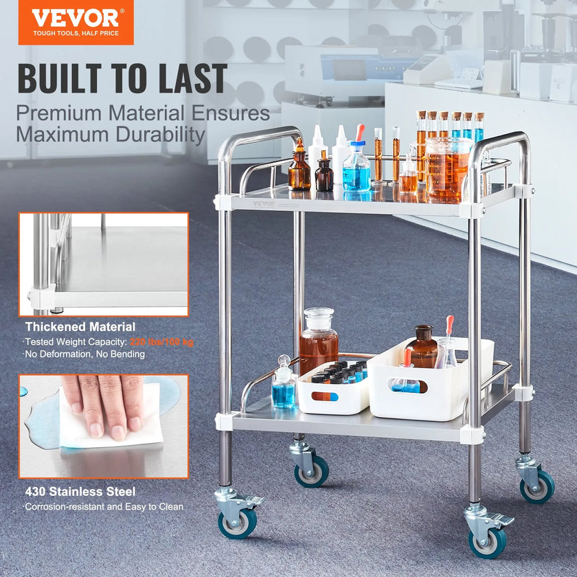 VEVOR Lab Rolling Cart, 2-Shelf Stainless Steel Rolling Cart, Lab Serving Cart with Swivel Casters, Dental Utility Cart for Clinic, Lab,  Hospital, Salon, 15.16
