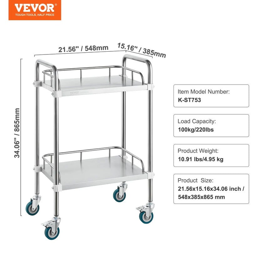 VEVOR Lab Rolling Cart, 2-Shelf Stainless Steel Rolling Cart, Lab Serving Cart with Swivel Casters, Dental Utility Cart for Clinic, Lab,  Hospital, Salon, 15.16