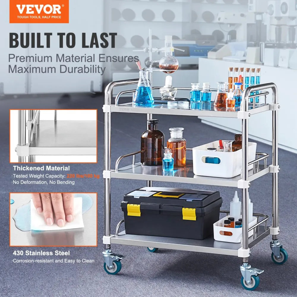 VEVOR Lab Rolling Cart, 3-Shelf Stainless Steel Rolling Cart, Lab Serving Cart with Swivel Casters, Dental Utility Cart for Clinic, Lab,  Hospital, Salon, 26.38