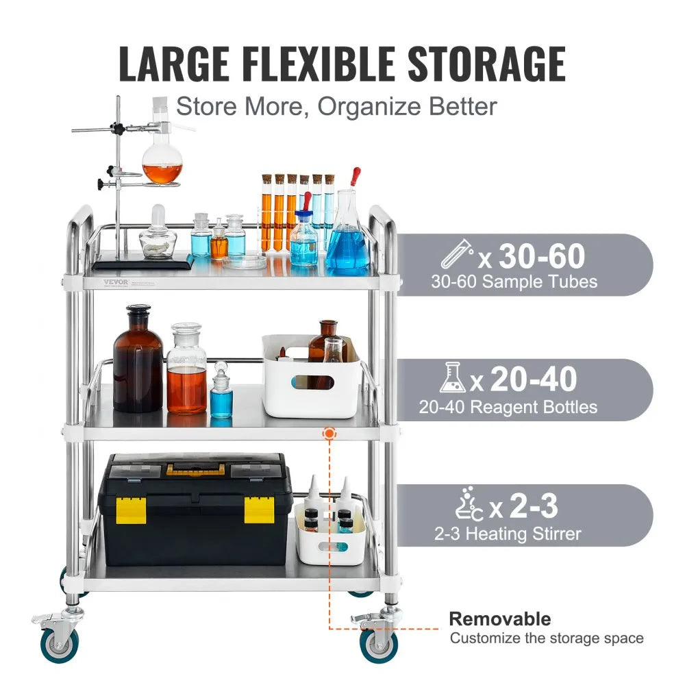 VEVOR Lab Rolling Cart, 3-Shelf Stainless Steel Rolling Cart, Lab Serving Cart with Swivel Casters, Dental Utility Cart for Clinic, Lab,  Hospital, Salon, 26.38