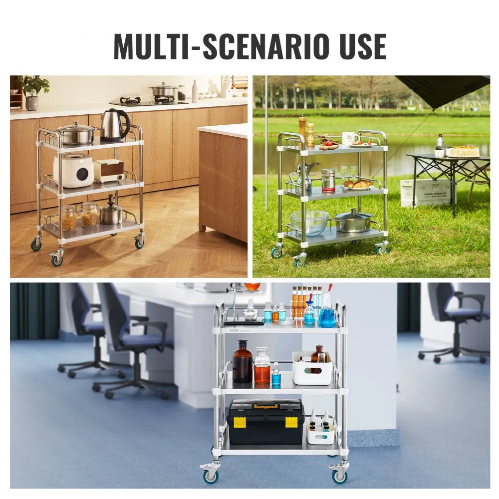 VEVOR Lab Rolling Cart, 3-Shelf Stainless Steel Rolling Cart, Lab Serving Cart with Swivel Casters, Dental Utility Cart for Clinic, Lab,  Hospital, Salon, 26.38