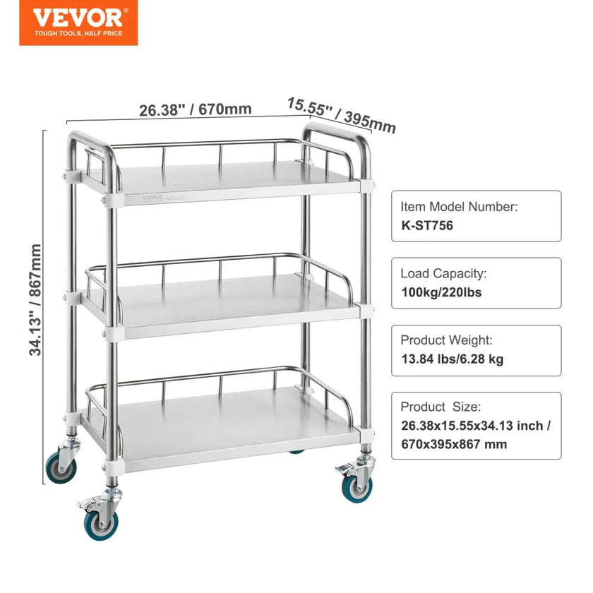 VEVOR Lab Rolling Cart, 3-Shelf Stainless Steel Rolling Cart, Lab Serving Cart with Swivel Casters, Dental Utility Cart for Clinic, Lab,  Hospital, Salon, 26.38