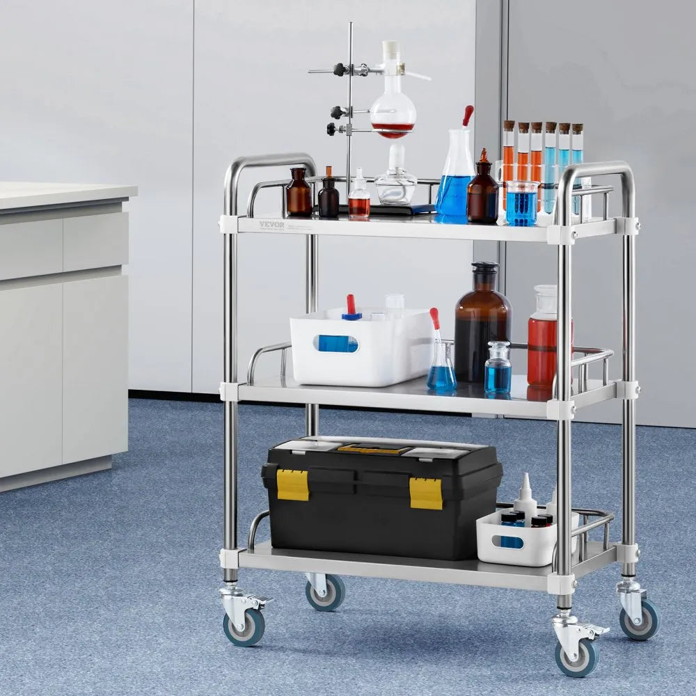 VEVOR Lab Rolling Cart, 3-Shelf Stainless Steel Rolling Cart, Lab Serving Cart with Swivel Casters, Dental Utility Cart for Clinic, Lab,  Hospital, Salon, 26.38