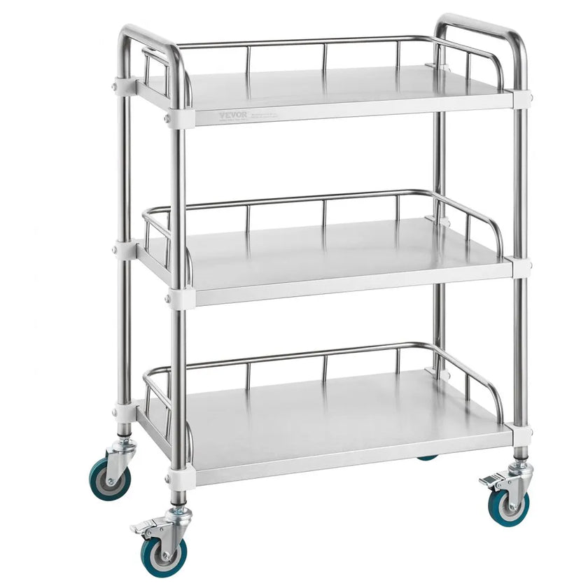 VEVOR Lab Rolling Cart, 3-Shelf Stainless Steel Rolling Cart, Lab Serving Cart with Swivel Casters, Dental Utility Cart for Clinic, Lab,  Hospital, Salon, 26.38