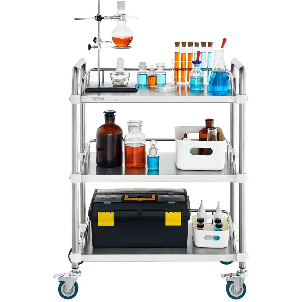 VEVOR Lab Rolling Cart, 3-Shelf Stainless Steel Rolling Cart, Lab Serving Cart with Swivel Casters, Dental Utility Cart for Clinic, Lab,  Hospital, Salon, 26.38