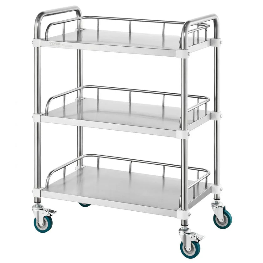 VEVOR Lab Rolling Cart, 3-Shelf Stainless Steel Rolling Cart, Lab Serving Cart with Swivel Casters, Dental Utility Cart for Clinic, Lab,  Hospital, Salon, 26.38