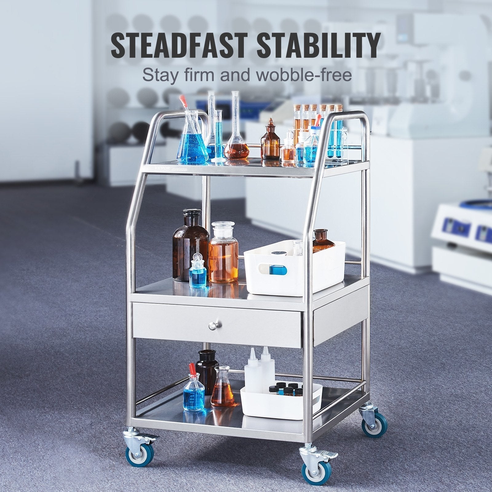 VEVOR Lab Rolling Cart Dental Lab Serving Cart 3 Tiers 1 Drawer Stainless Steel
