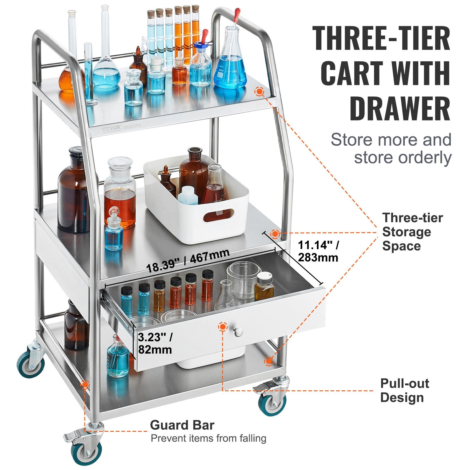 VEVOR Lab Rolling Cart Dental Lab Serving Cart 3 Tiers 1 Drawer Stainless Steel