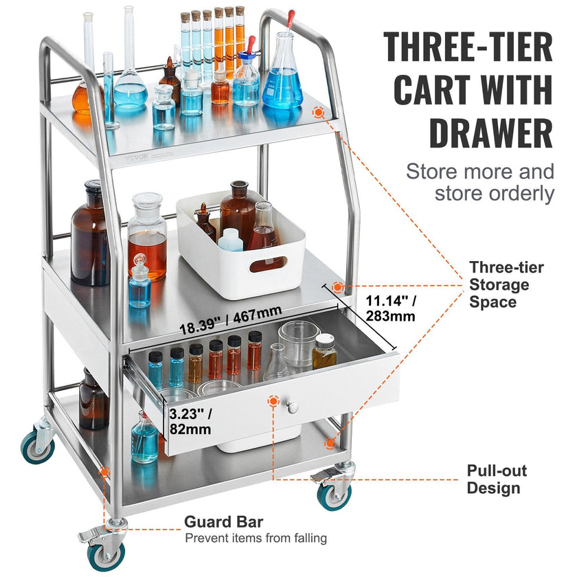VEVOR Lab Rolling Cart Dental Lab Serving Cart 3 Tiers 1 Drawer Stainless Steel