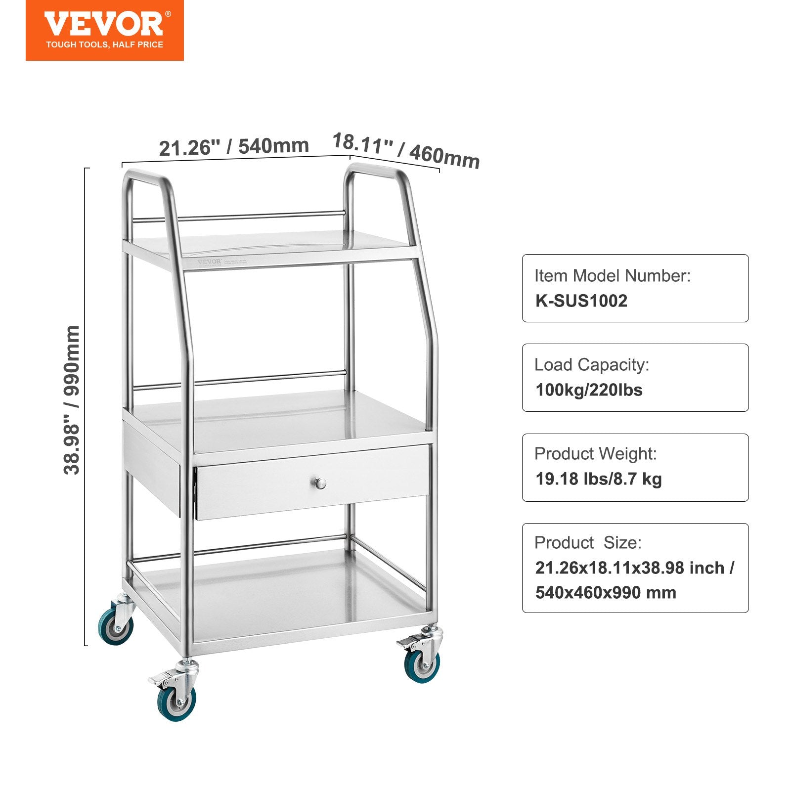 VEVOR Lab Rolling Cart Dental Lab Serving Cart 3 Tiers 1 Drawer Stainless Steel