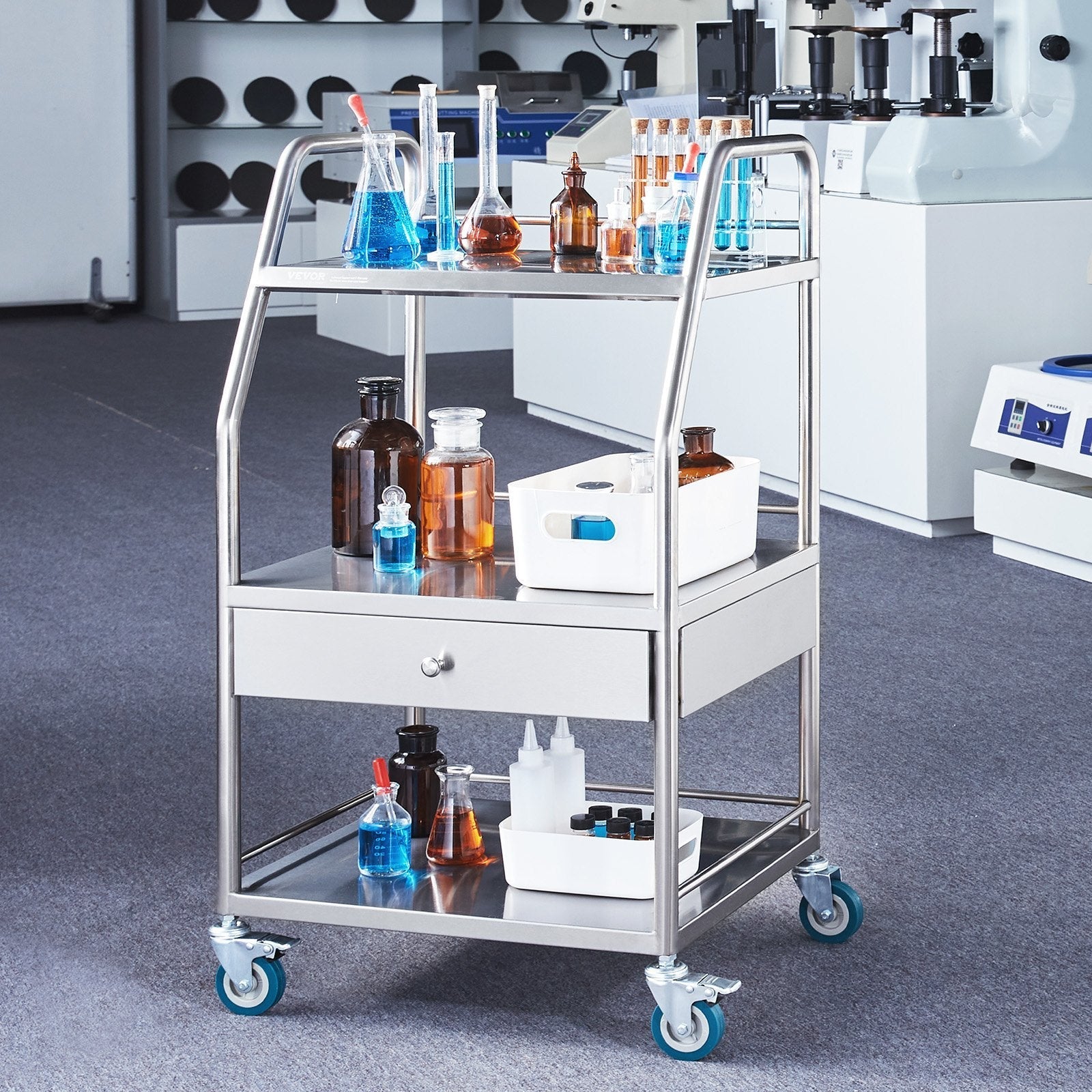 VEVOR Lab Rolling Cart Dental Lab Serving Cart 3 Tiers 1 Drawer Stainless Steel