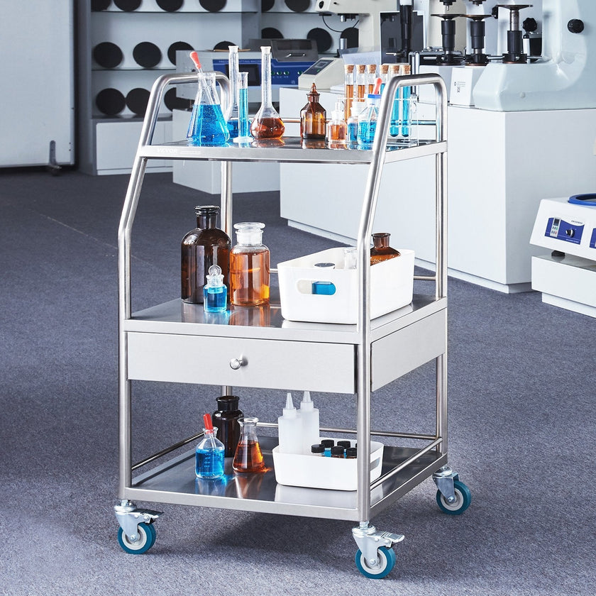 VEVOR Lab Rolling Cart Dental Lab Serving Cart 3 Tiers 1 Drawer Stainless Steel