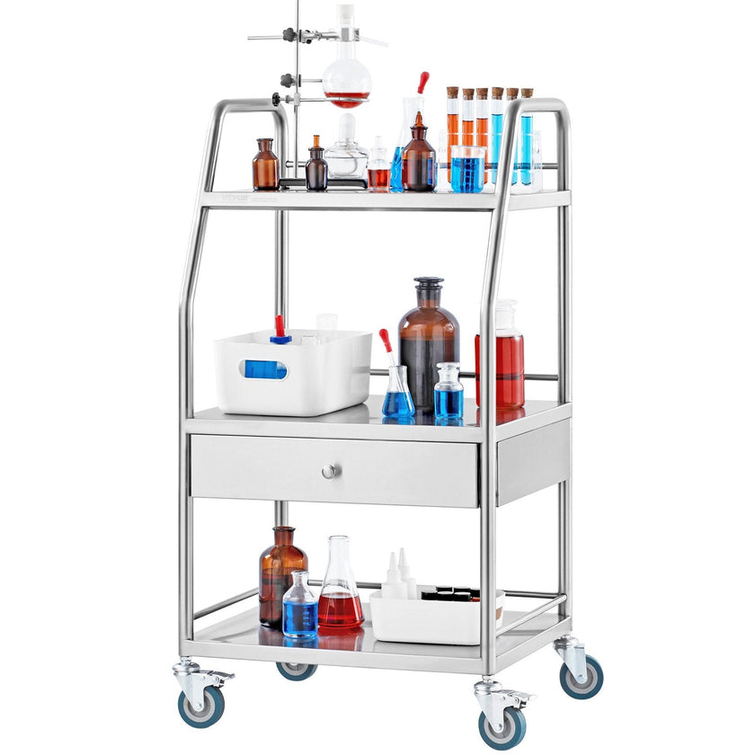 VEVOR Lab Rolling Cart Dental Lab Serving Cart 3 Tiers 1 Drawer Stainless Steel