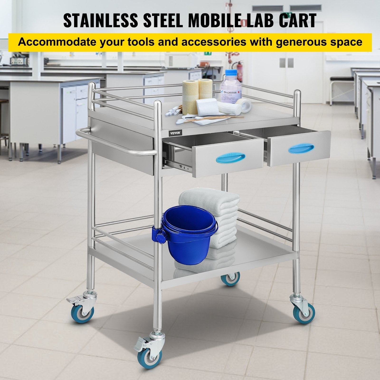 VEVOR Lab Serving Cart Utility Cart with Two-Story Rolling Cart with Two Drawers for Lab Equipment Use Stainless Steel Utility Services (2 Shelves / 2 Drawer)