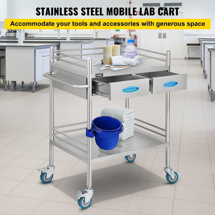 VEVOR Lab Serving Cart Utility Cart with Two-Story Rolling Cart with Two Drawers for Lab Equipment Use Stainless Steel Utility Services (2 Shelves / 2 Drawer)