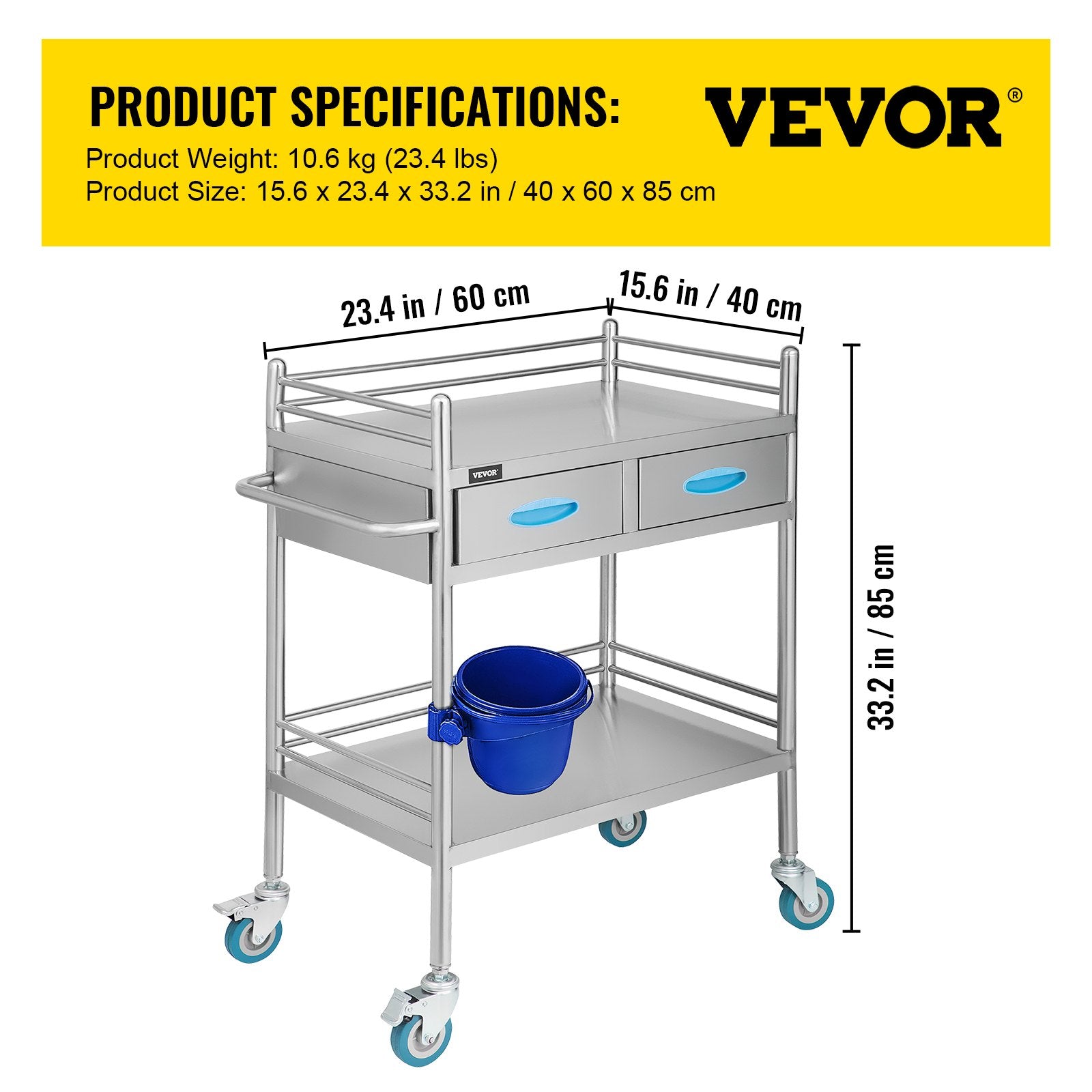 VEVOR Lab Serving Cart Utility Cart with Two-Story Rolling Cart with Two Drawers for Lab Equipment Use Stainless Steel Utility Services (2 Shelves / 2 Drawer)