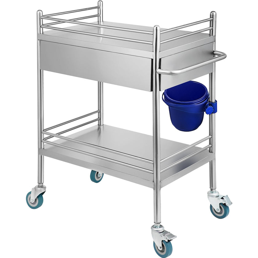 VEVOR Lab Serving Cart Utility Cart with Two-Story Rolling Cart with Two Drawers for Lab Equipment Use Stainless Steel Utility Services (2 Shelves / 2 Drawer)