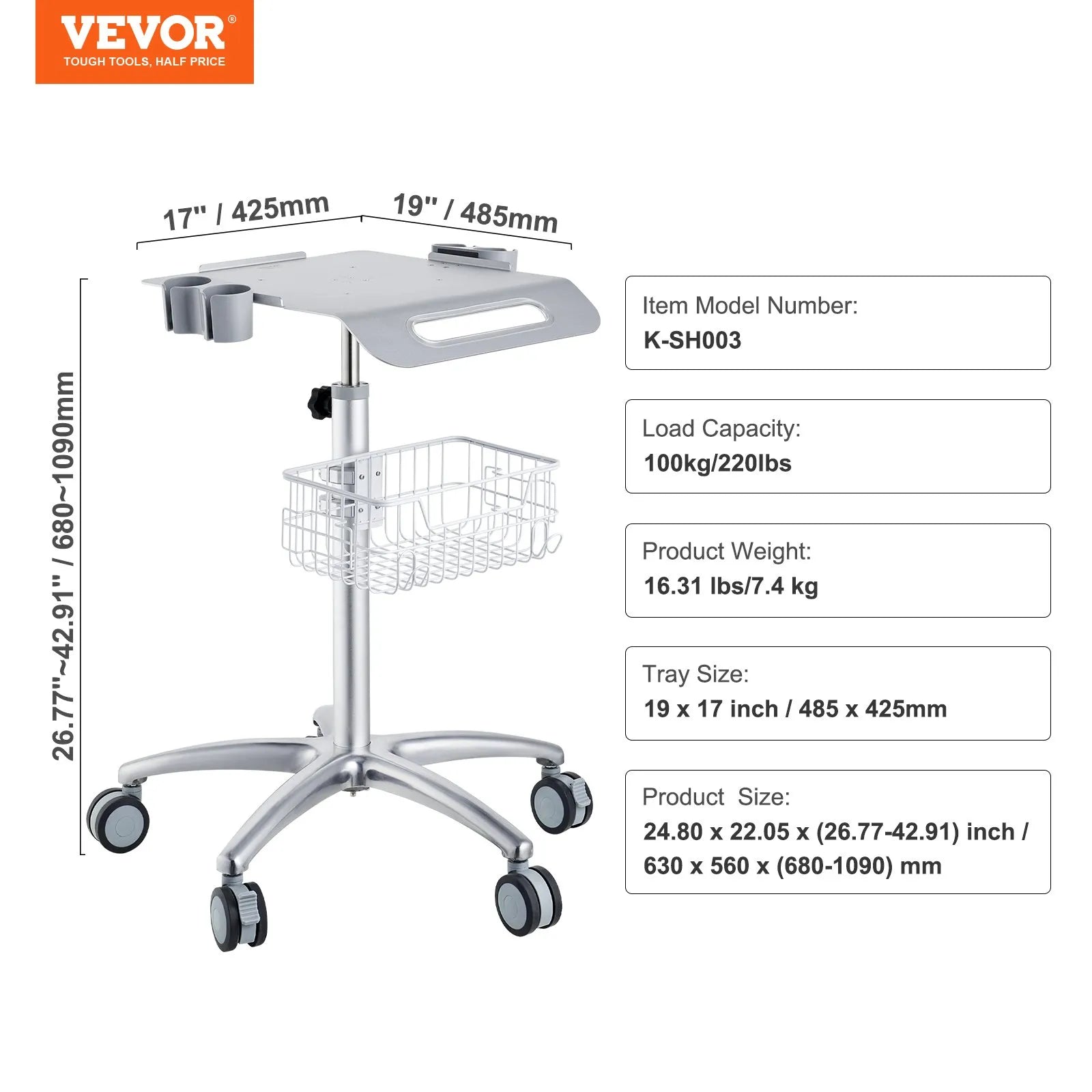 VEVOR Medical Cart, Salon Cart with Wheels, Mobile Trolley Cart 26.77