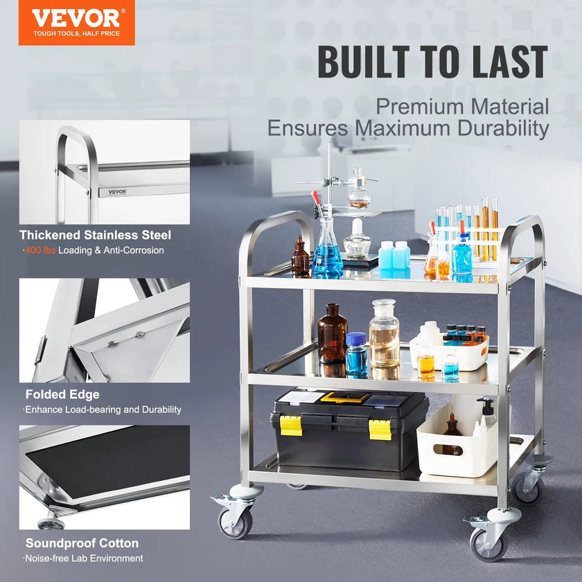 VEVOR Stainless Steel Cart, 3 Layers Lab Utility Cart 400 lbs Weight Capacity, Medical Cart with Lockable Universal Wheels, for Lab, Clinic, Kitchen, Salon