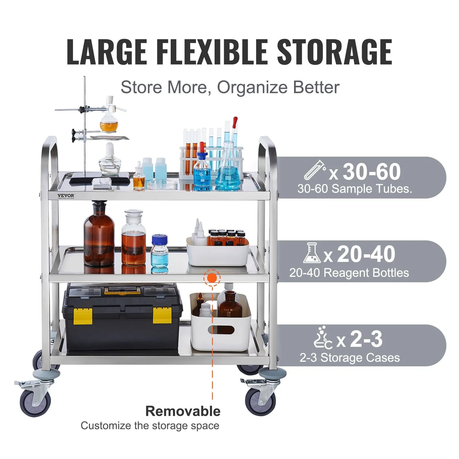 VEVOR Stainless Steel Cart, 3 Layers Lab Utility Cart 400 lbs Weight Capacity, Medical Cart with Lockable Universal Wheels, for Lab, Clinic, Kitchen, Salon