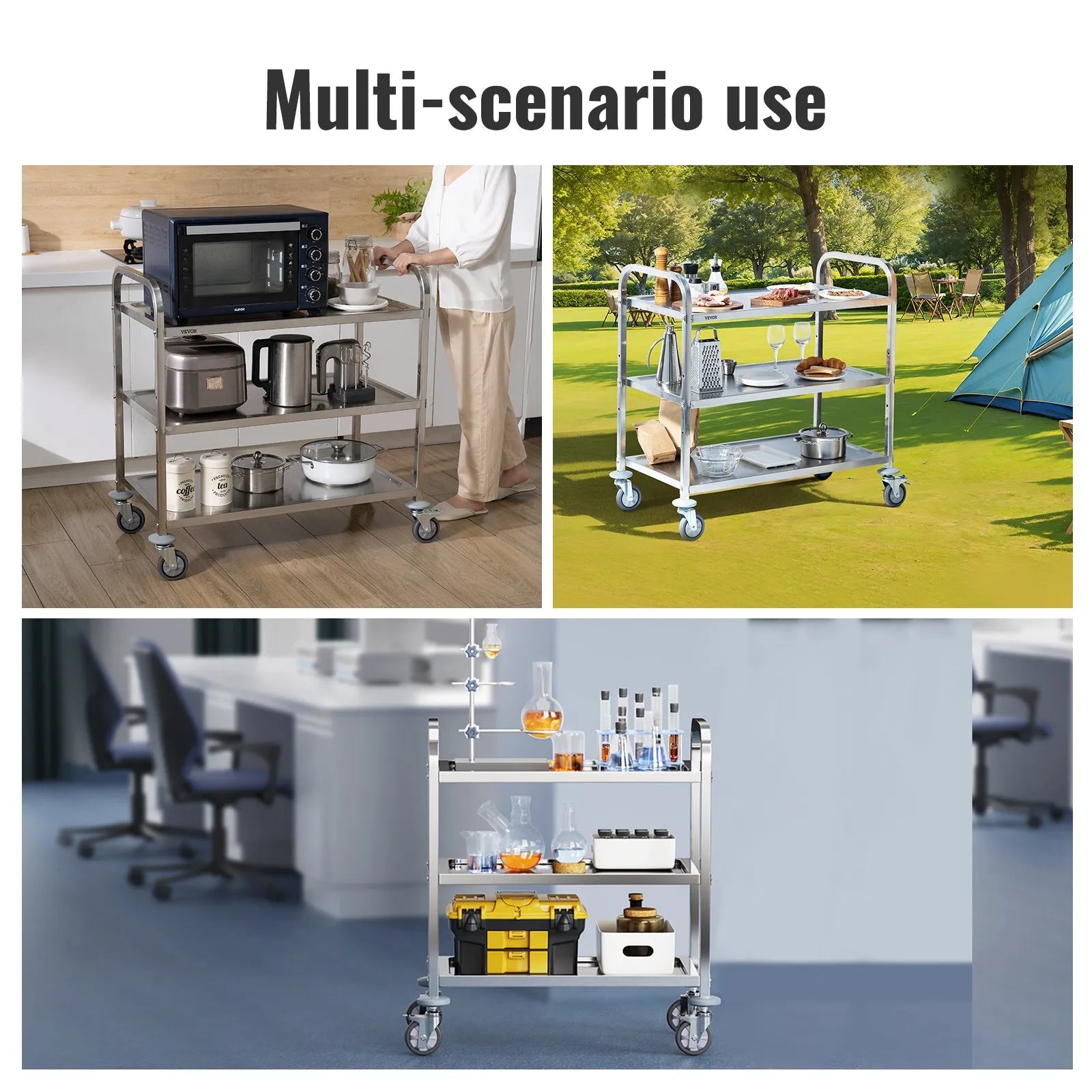 VEVOR Stainless Steel Cart, 3 Layers Lab Utility Cart 400 lbs Weight Capacity, Medical Cart with Lockable Universal Wheels, for Lab, Clinic, Kitchen, Salon