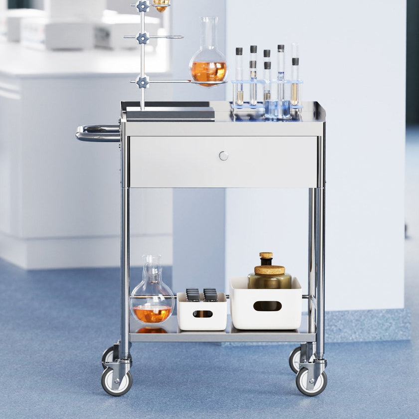 VEVOR Medical Cart, 2-Layer Stainless Steel Cart 220 lbs Weight Capacity, Lab Utility Cart with 360° Silent Wheels and a Drawer for Lab, Clinic, Kitchen, Salon
