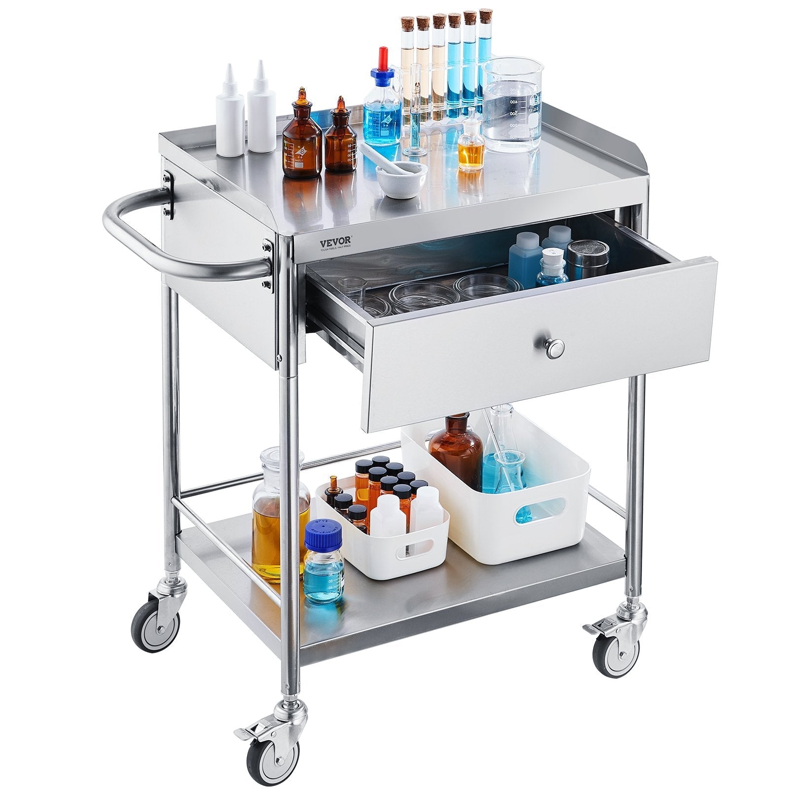 VEVOR Medical Cart, 2-Layer Stainless Steel Cart 220 lbs Weight Capacity, Lab Utility Cart with 360° Silent Wheels and a Drawer for Lab, Clinic, Kitchen, Salon