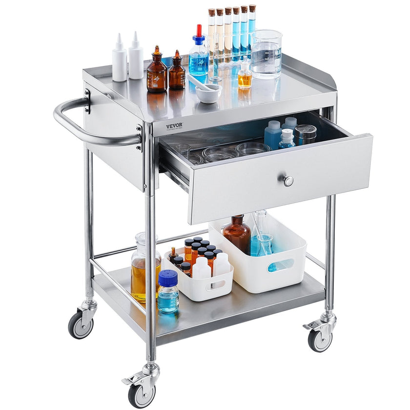 VEVOR Medical Cart, 2-Layer Stainless Steel Cart 220 lbs Weight Capacity, Lab Utility Cart with 360° Silent Wheels and a Drawer for Lab, Clinic, Kitchen, Salon