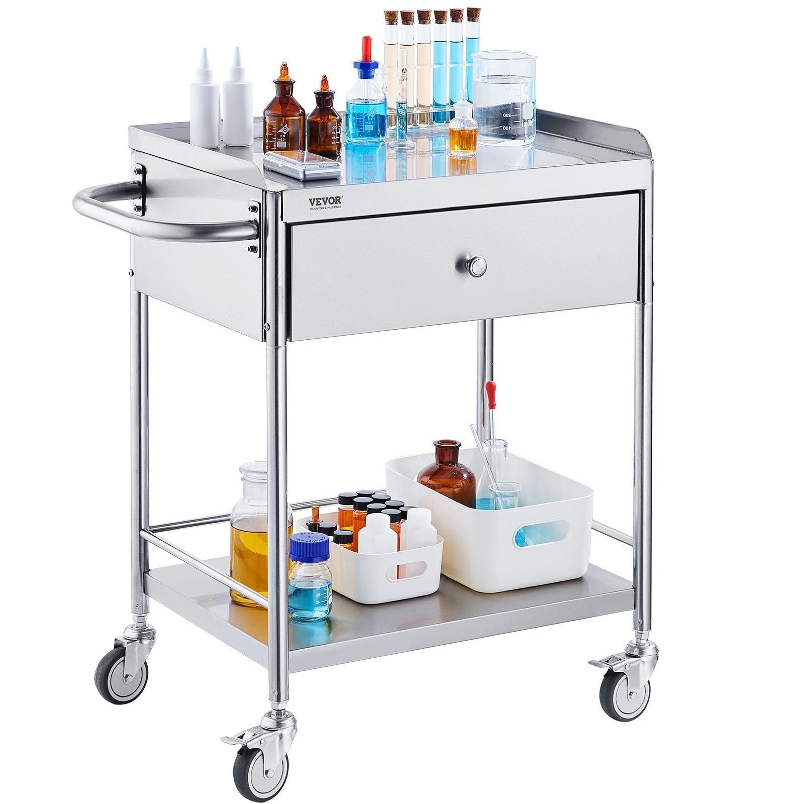 VEVOR Medical Cart, 2-Layer Stainless Steel Cart 220 lbs Weight Capacity, Lab Utility Cart with 360° Silent Wheels and a Drawer for Lab, Clinic, Kitchen, Salon
