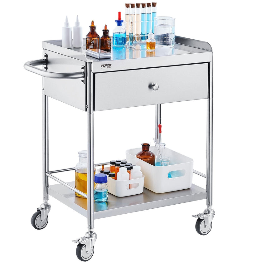 VEVOR Medical Cart, 2-Layer Stainless Steel Cart 220 lbs Weight Capacity, Lab Utility Cart with 360° Silent Wheels and a Drawer for Lab, Clinic, Kitchen, Salon