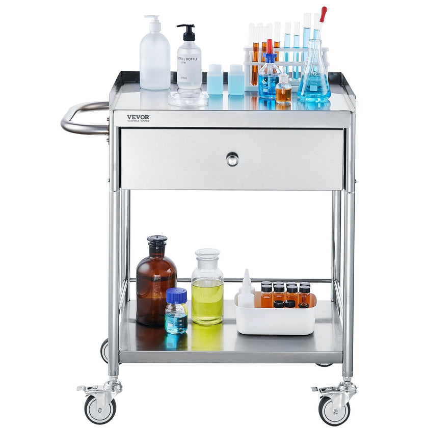 VEVOR Medical Cart, 2-Layer Stainless Steel Cart 220 lbs Weight Capacity, Lab Utility Cart with 360° Silent Wheels and a Drawer for Lab, Clinic, Kitchen, Salon