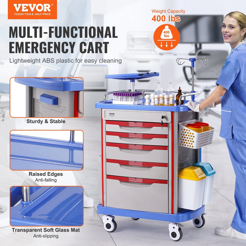 VEVOR 5 Tiers Lab Carts Mobile Medical Cart with 5 Drawers & 2 Trash Cans Blue