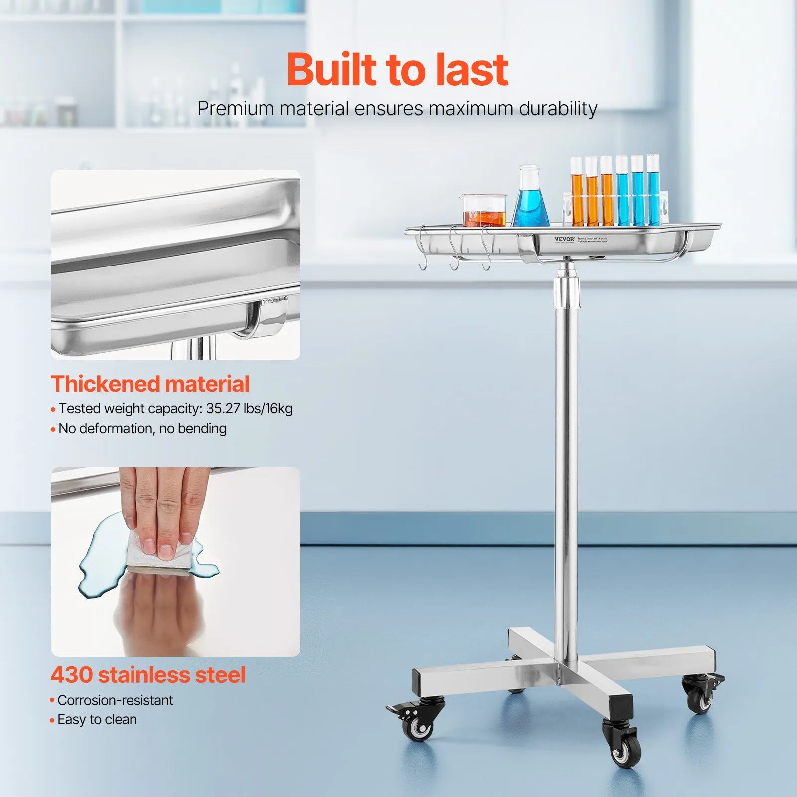 VEVOR Mobile Mayo Stand Stainless Steel Mayo Tray 25.2-39.8