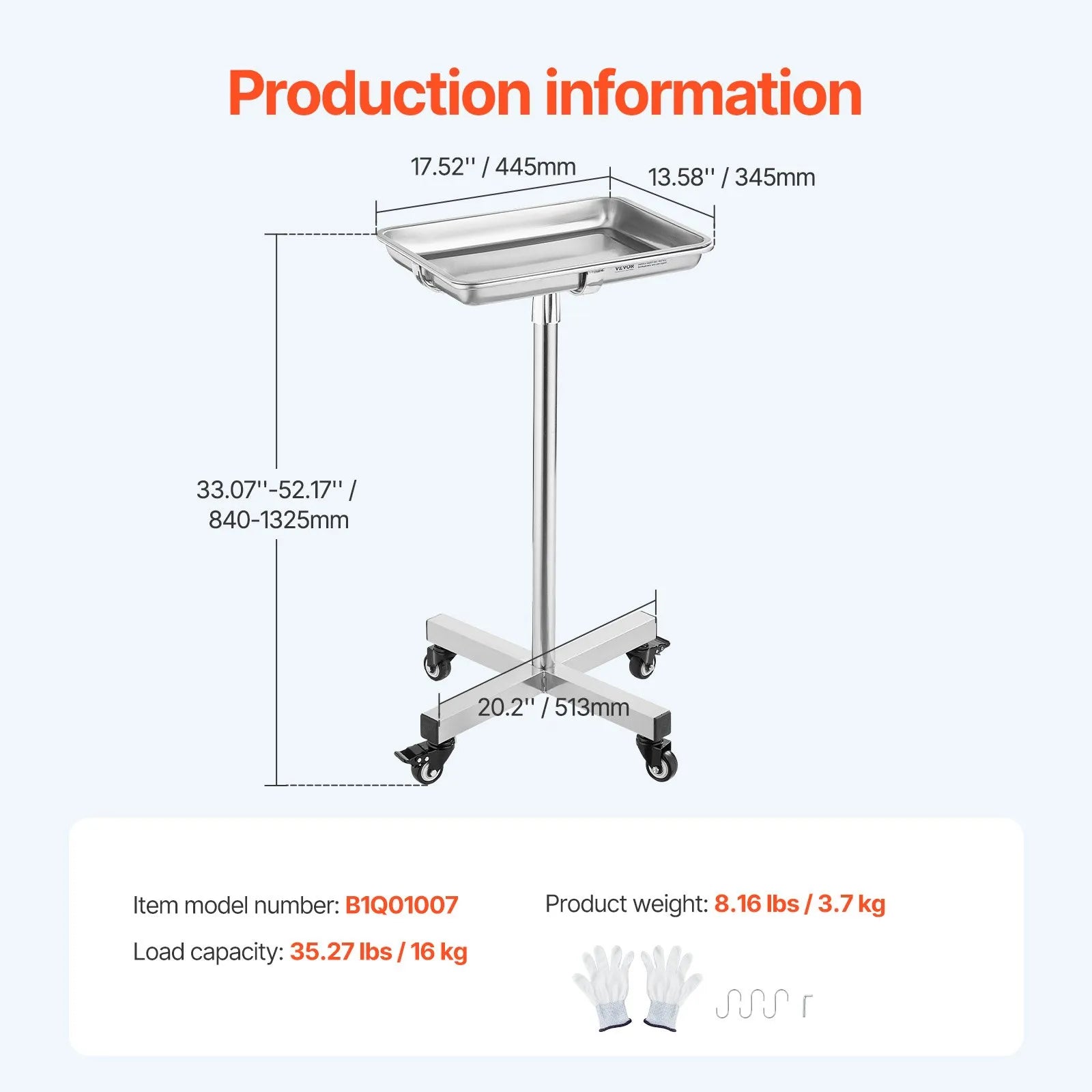 VEVOR Mobile Mayo Stand Stainless Steel Mayo Tray 25.2-39.8