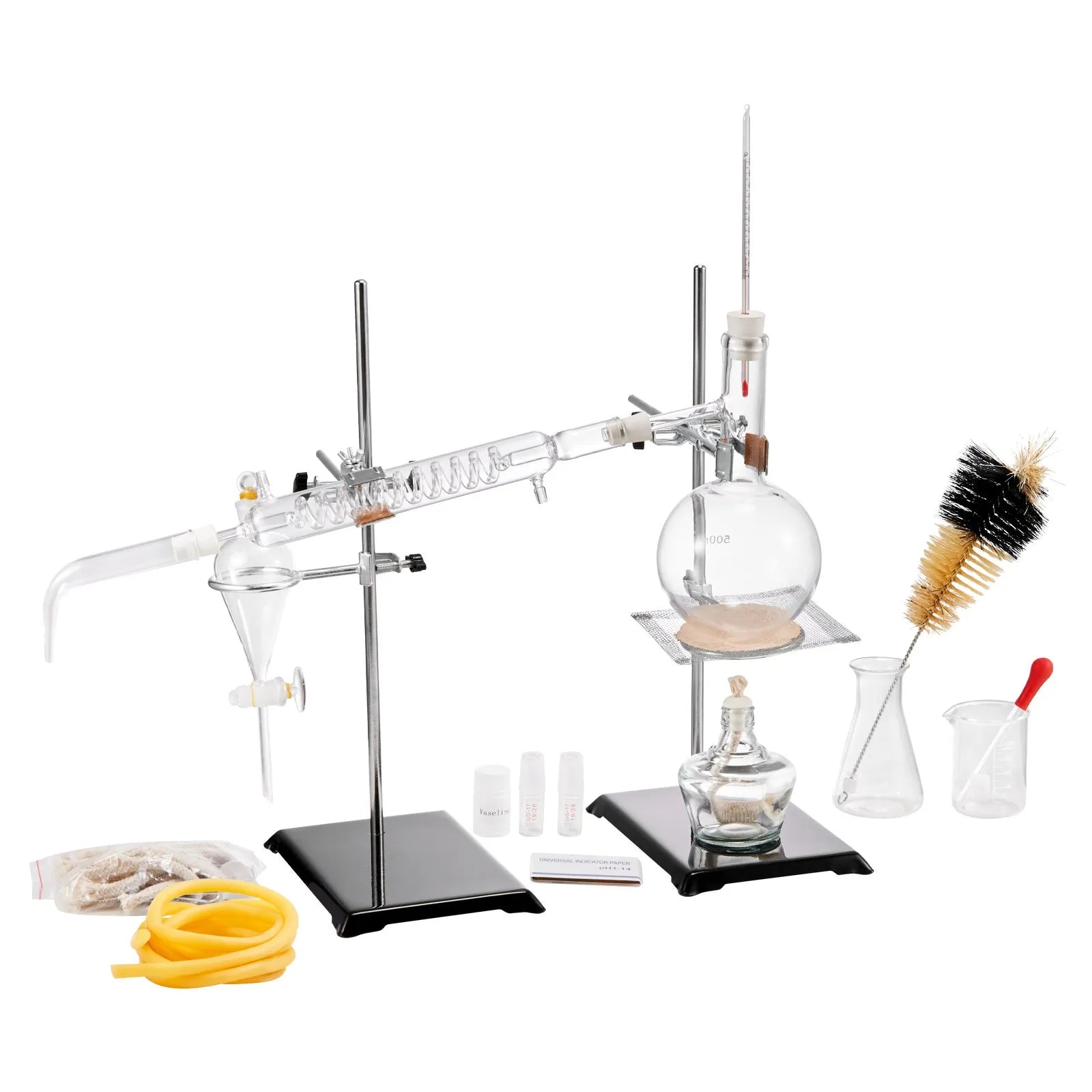 VEVOR Essential Oil Distillation Kit, 500ml Distillation Apparatus, 3.3 Boro Lab Glassware Distillation Kit with Alcohol Lamp, Ceramic Mesh and 24, 40 Joint, 28 pcs Set