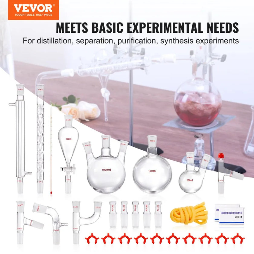 VEVOR Lab Distillation Kit, 3.3 Boro Lab Glassware Distillation Kit with 24, 40 Joint, 1000ml Essential Oil Distillation Apparatus Kit, 29 pcs Set of Glassware Equipment